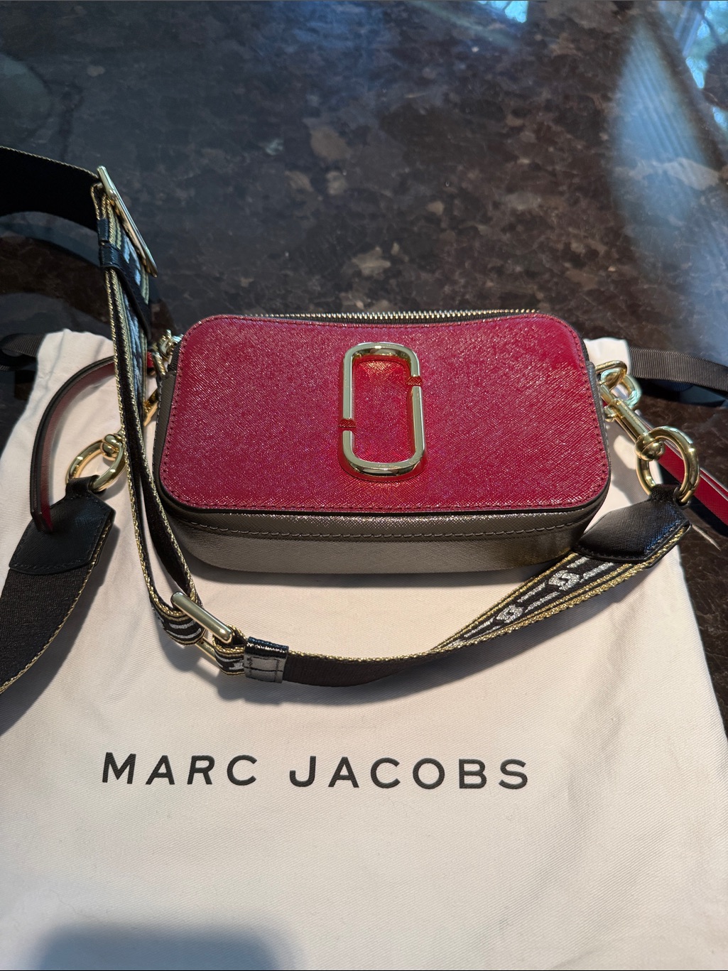 Marc Jacobs Crossbody Camera Bag In Raspberry And Black With Gold Hardware